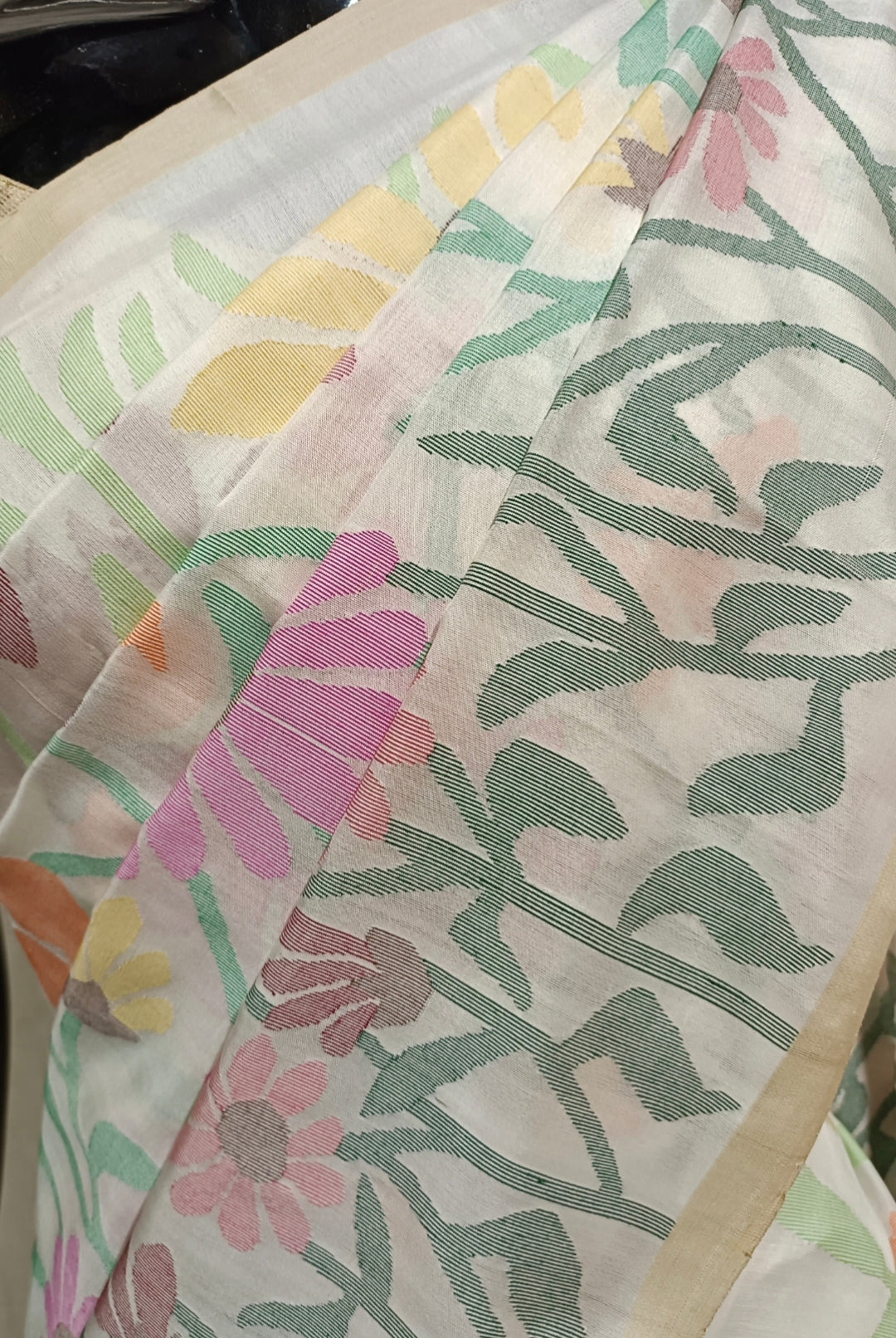 Off-White & Multi Coloured Fine Quality Katan Silk Saree Balaram Saha