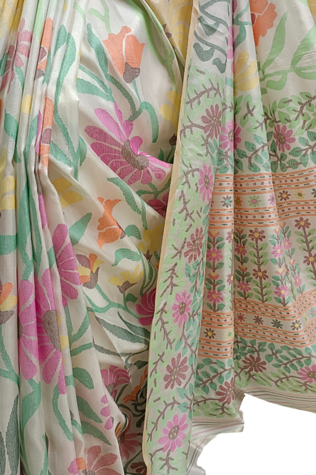 Off-White & Multi Coloured Fine Quality Katan Silk Saree Balaram Saha