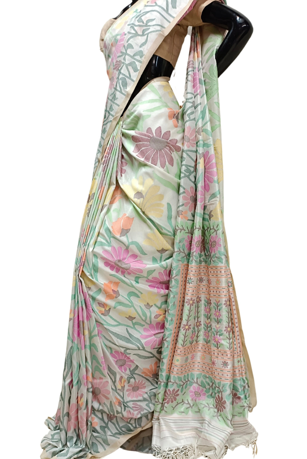 Off-White & Multi Coloured Fine Quality Katan Silk Saree Balaram Saha
