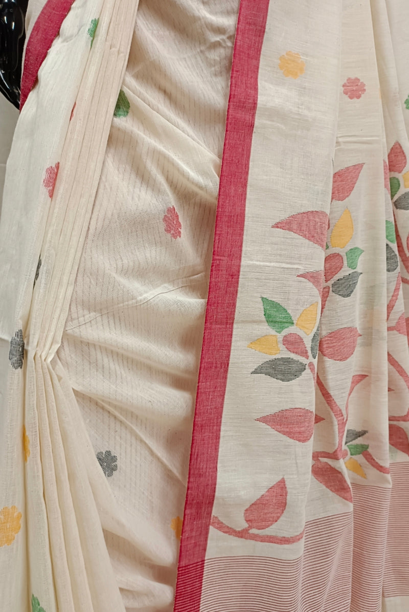 Off-White & Red Soft Cotton Handwoven Jamdani Saree Balaram Saha