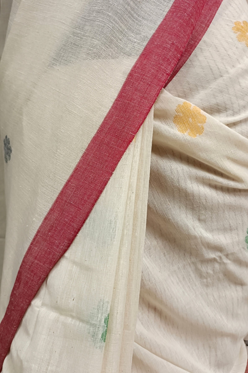 Off-White & Red Soft Cotton Handwoven Jamdani Saree Balaram Saha