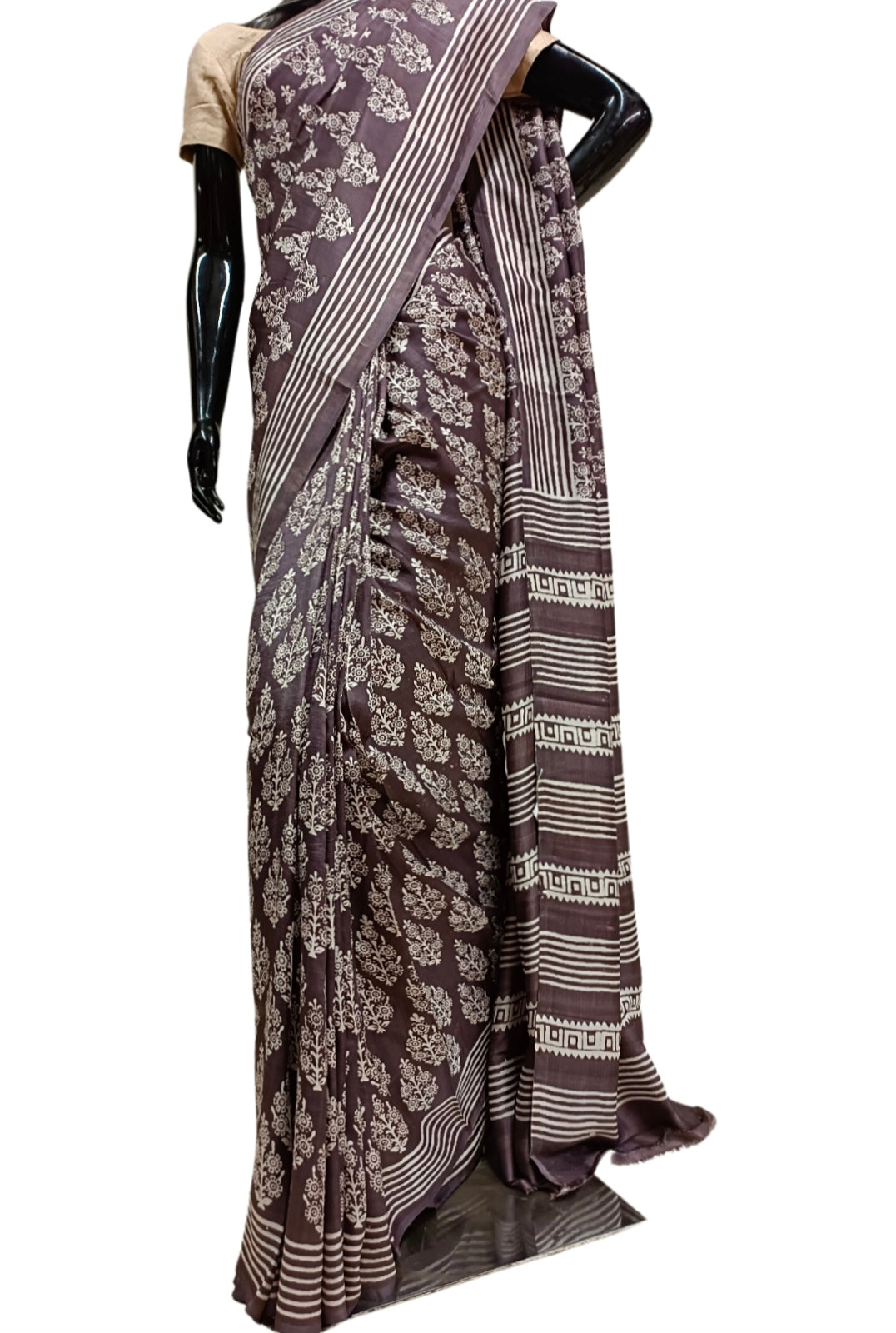 Brown & White Pure Bengal Silk Handblock Print Saree Balaram Saha