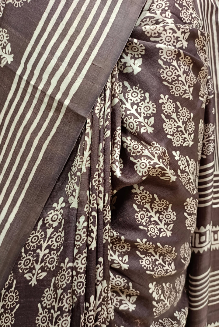Brown & White Pure Bengal Silk Handblock Print Saree Balaram Saha