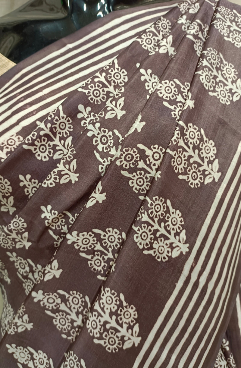 Brown & White Pure Bengal Silk Handblock Print Saree Balaram Saha
