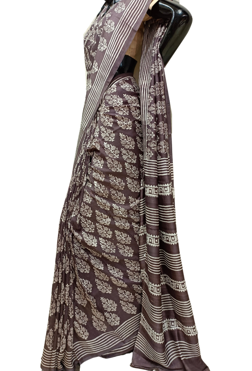 Brown & White Pure Bengal Silk Handblock Print Saree Balaram Saha
