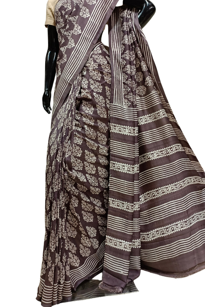 Brown & White Pure Bengal Silk Handblock Print Saree Balaram Saha