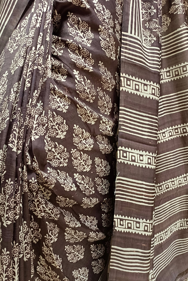 Brown & White Pure Bengal Silk Handblock Print Saree Balaram Saha