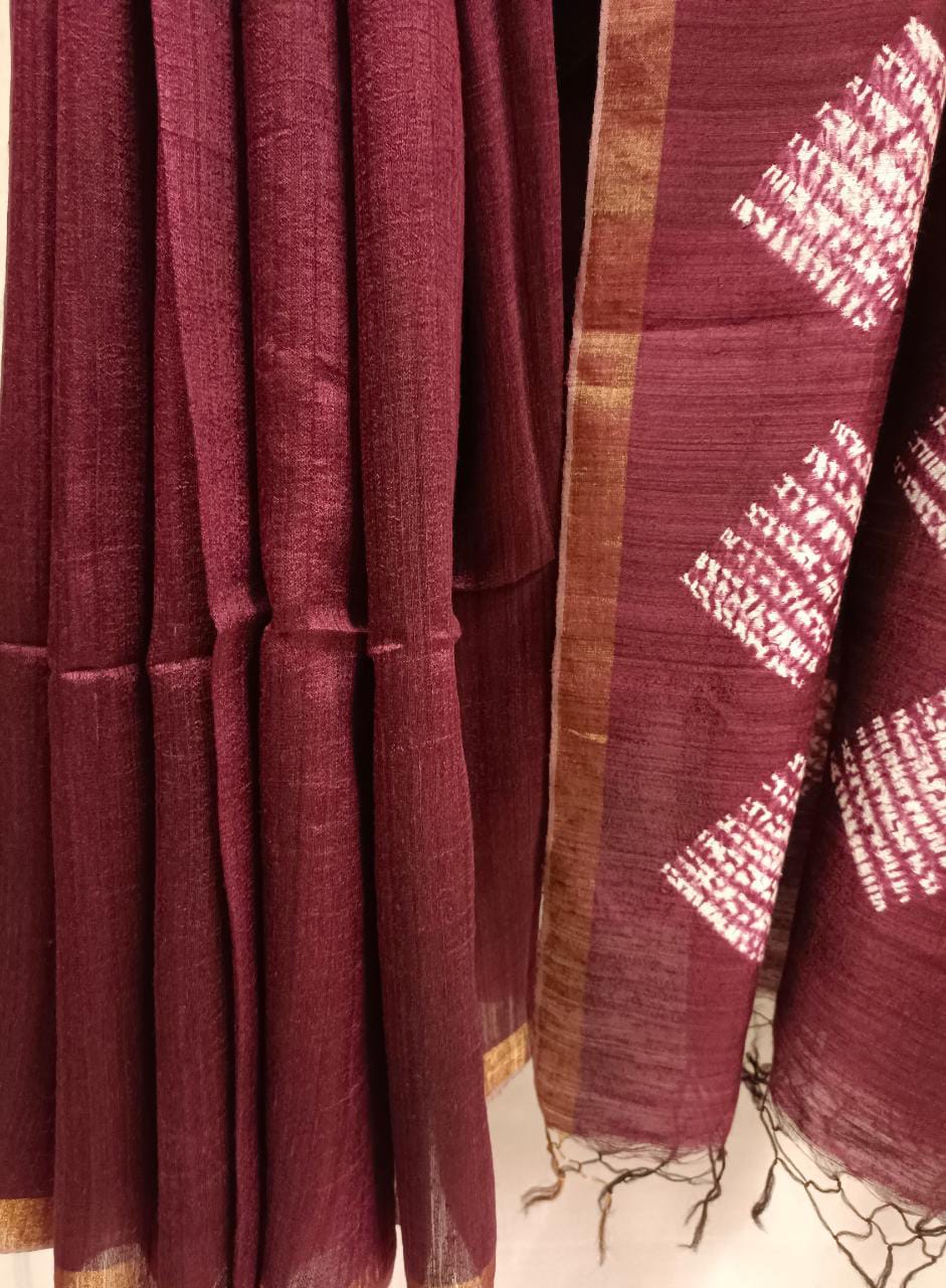 Matka Silk Shibori (Tye n Dye) Saree Plum & White Elegance from Balaram Saha