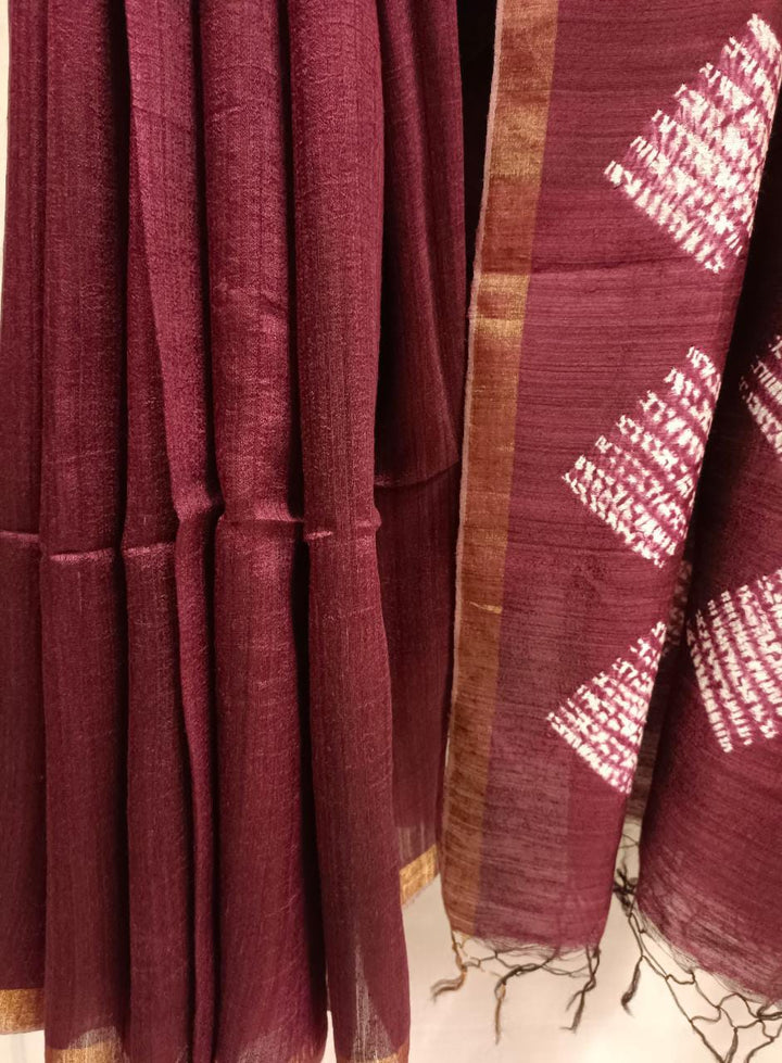 Matka Silk Shibori (Tye n Dye) Saree Plum & White Elegance from Balaram Saha