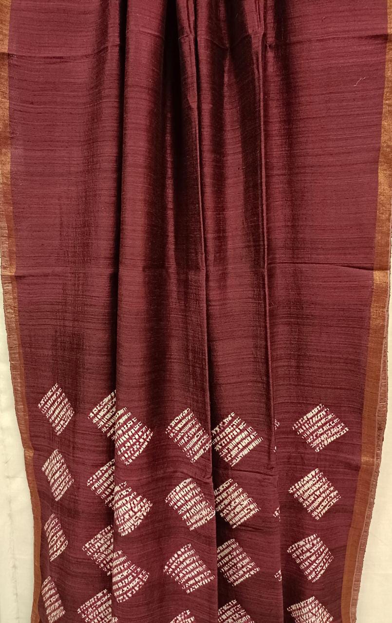 Matka Silk Shibori (Tye n Dye) Saree Plum & White Elegance from Balaram Saha