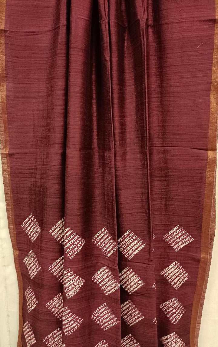 Matka Silk Shibori (Tye n Dye) Saree Plum & White Elegance from Balaram Saha
