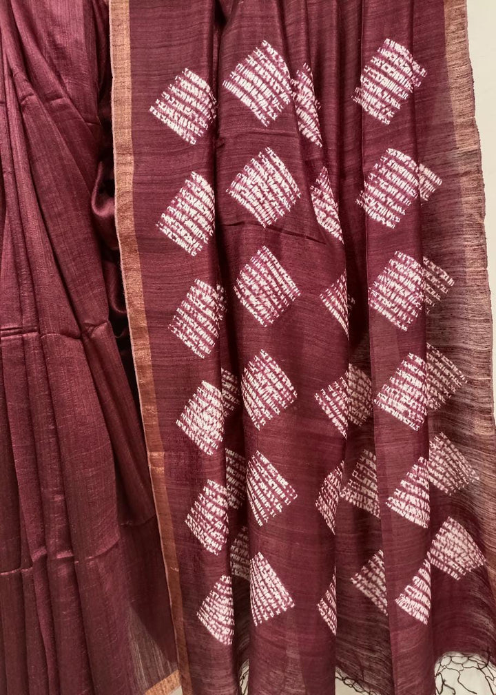 Matka Silk Shibori (Tye n Dye) Saree Plum & White Elegance from Balaram Saha