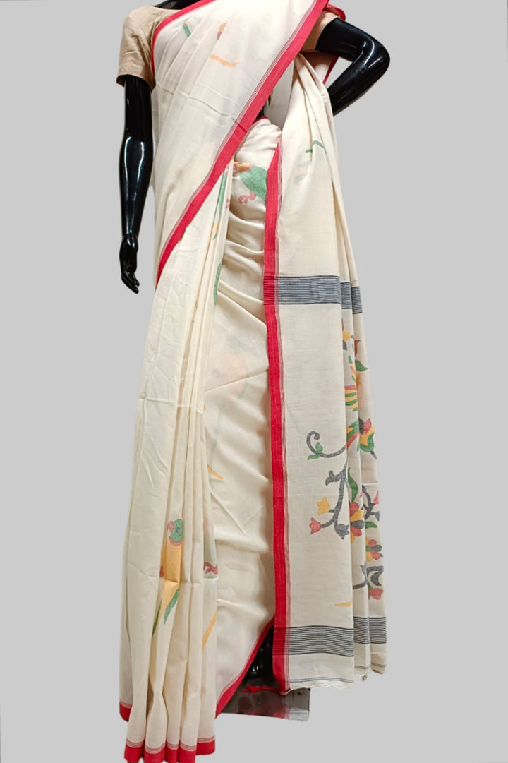 Off-White & Red Handspun Cotton Jamdani saree Balaram Saha