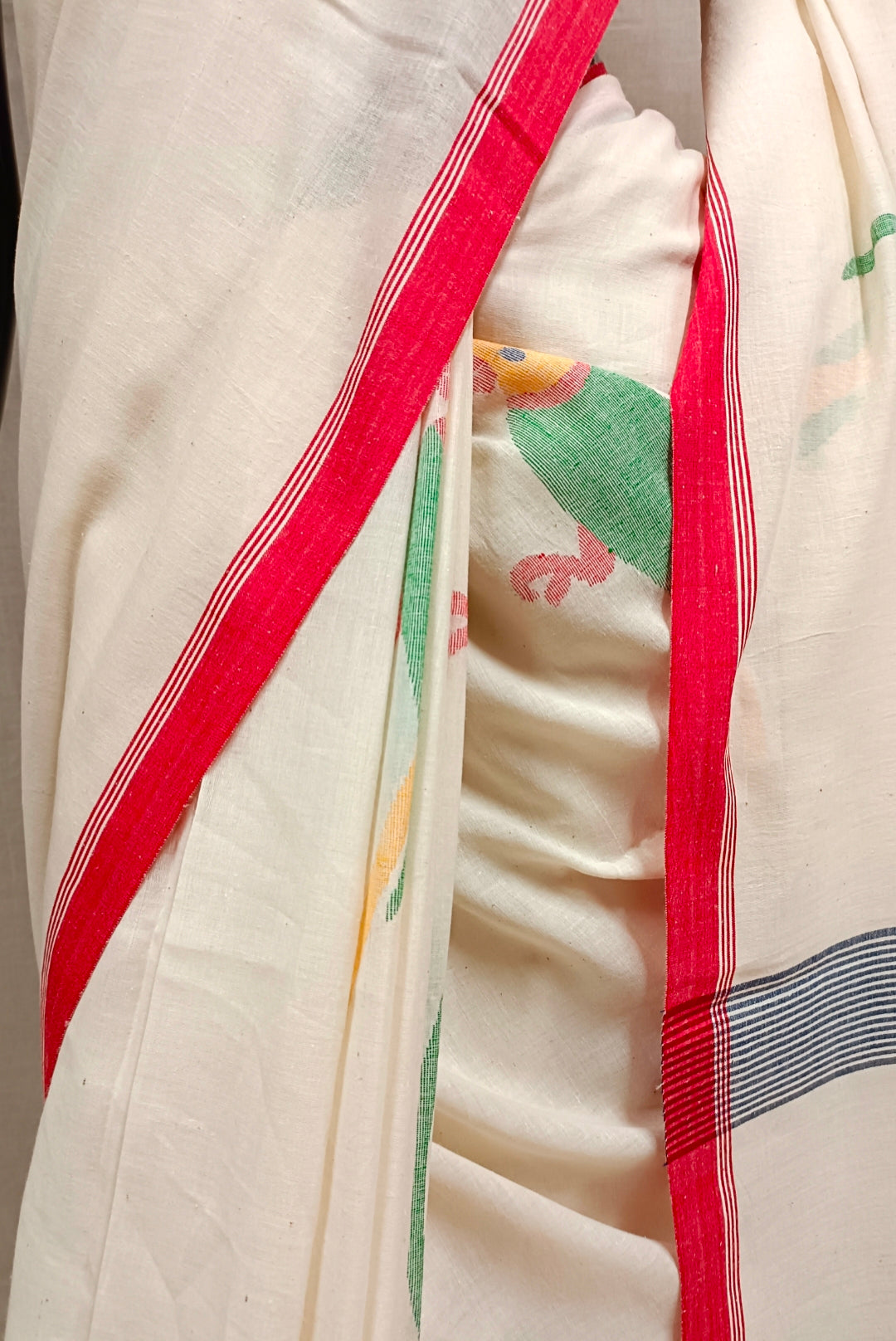 Off-White & Red Handspun Cotton Jamdani saree Balaram Saha