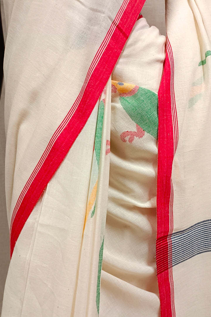 Off-White & Red Handspun Cotton Jamdani saree Balaram Saha
