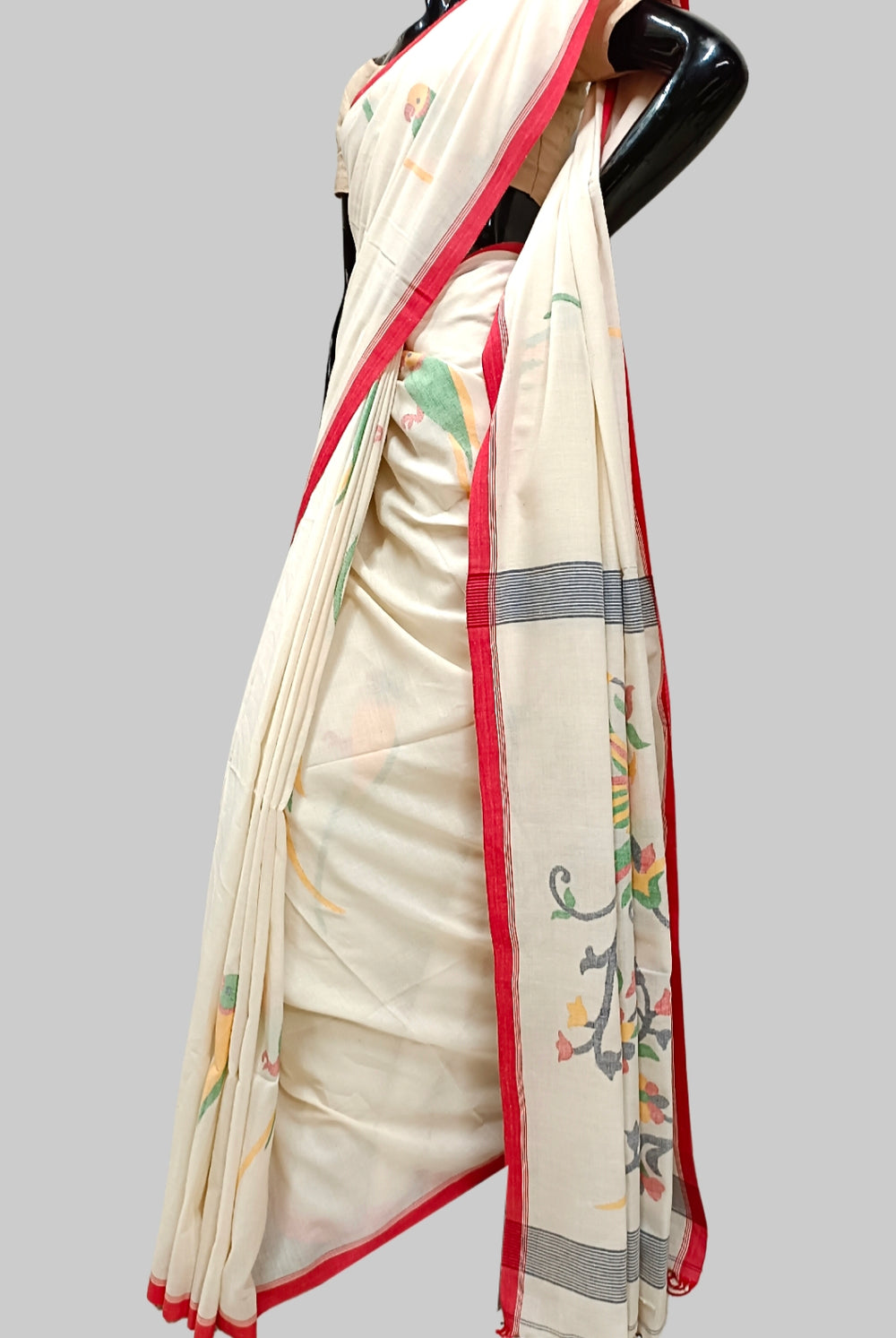 Off-White & Red Handspun Cotton Jamdani saree Balaram Saha