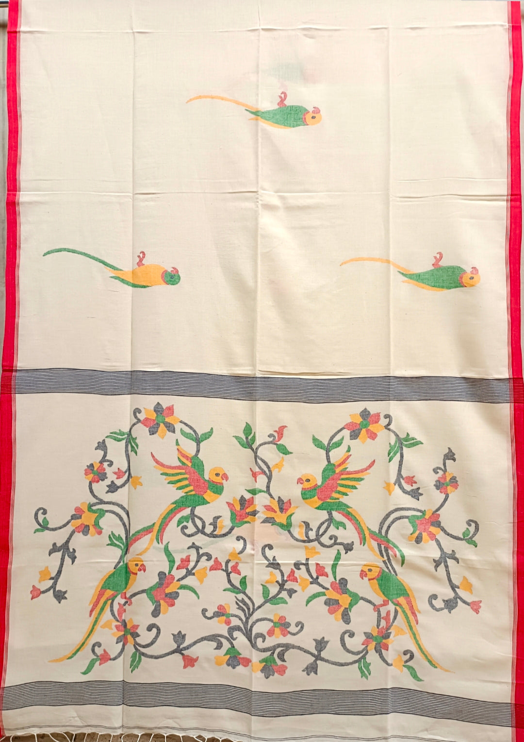 Off-White & Red Handspun Cotton Jamdani saree Balaram Saha