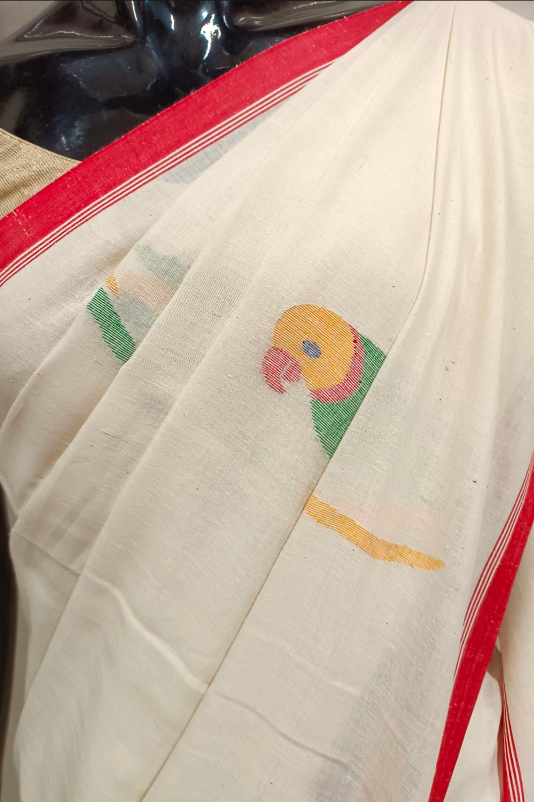 Off-White & Red Handspun Cotton Jamdani saree Balaram Saha