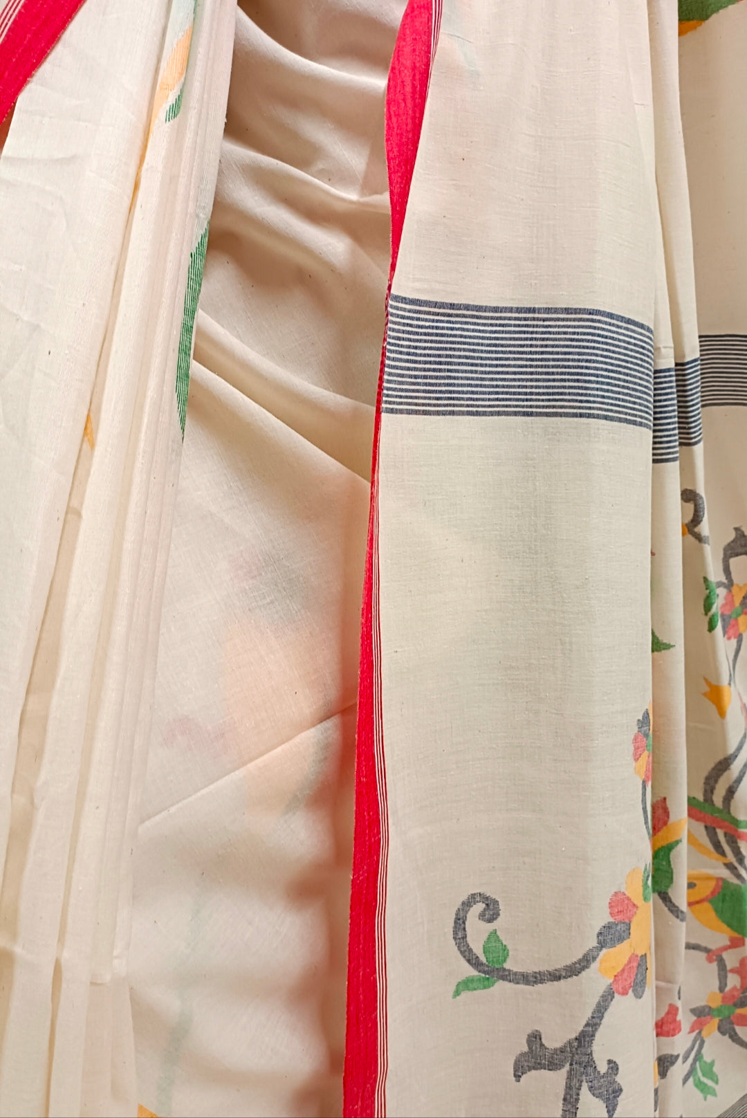 Off-White & Red Handspun Cotton Jamdani saree Balaram Saha