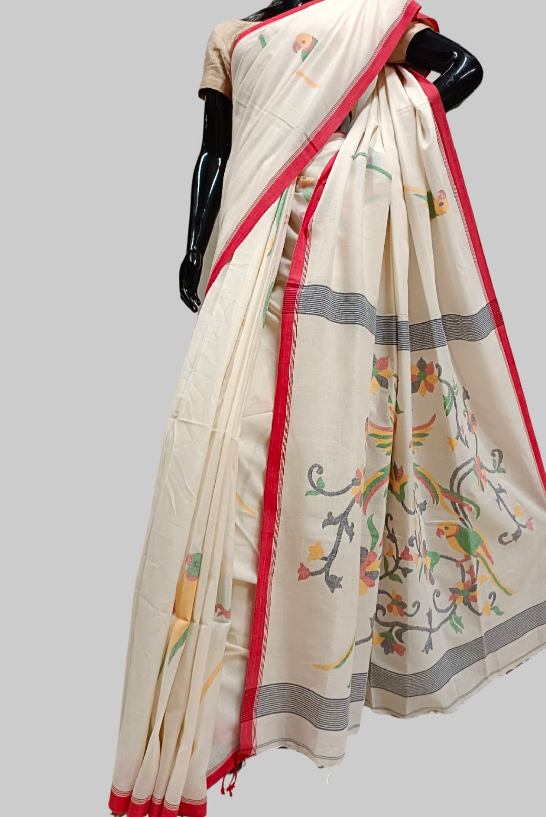 Off-White & Red Handspun Cotton Jamdani saree Balaram Saha