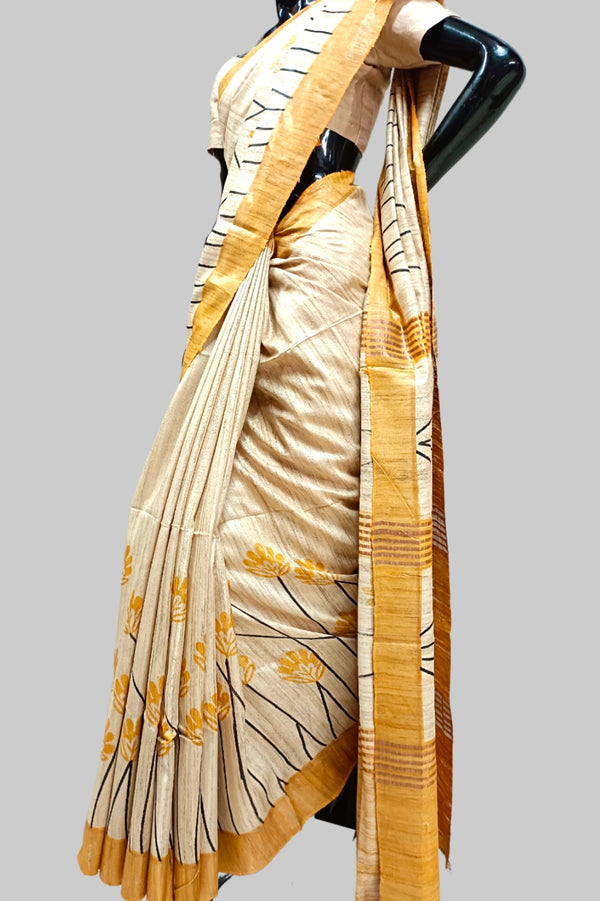 Off-White & Mustard Printed Ghicha Tussare Silk Saree Balaram Saha