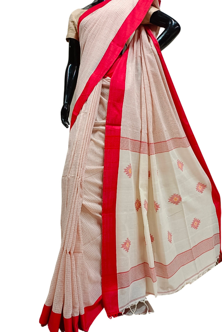 Off-White Soft Handloom Cotton Saree With Red Border Balaram Saha