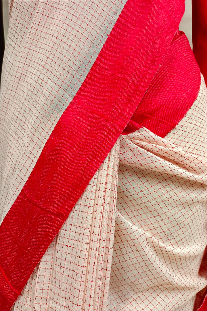 Off-White Soft Handloom Cotton Saree With Red Border Balaram Saha
