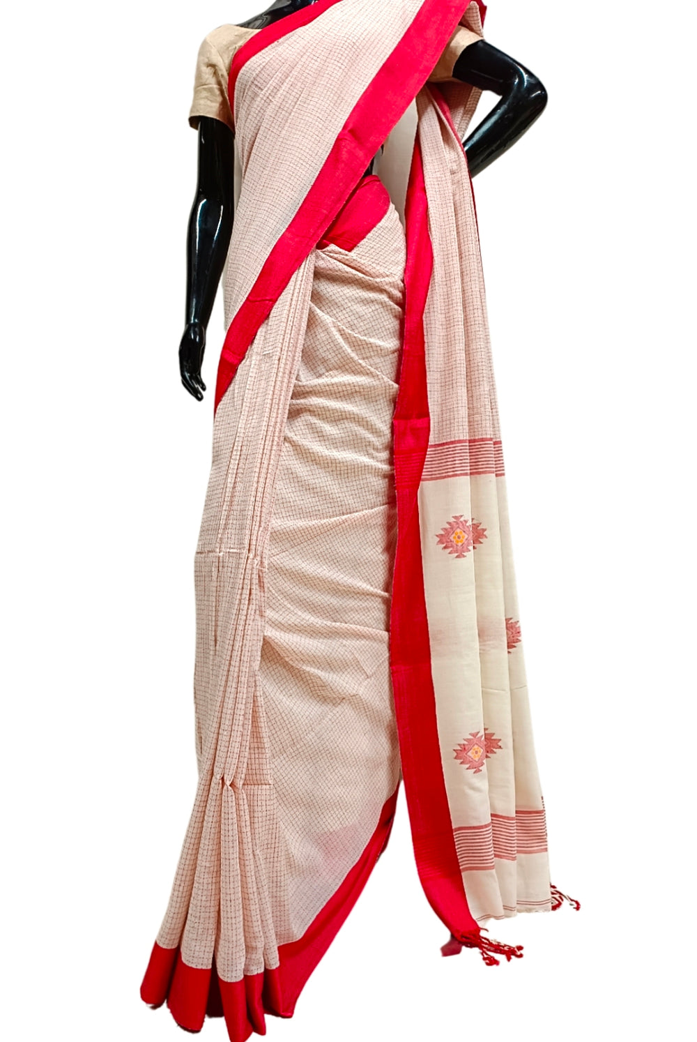 Off-White Soft Handloom Cotton Saree With Red Border Balaram Saha