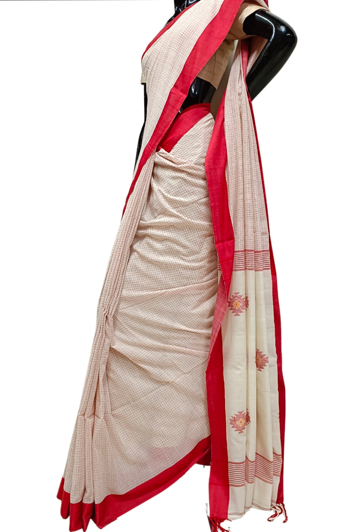 Off-White Soft Handloom Cotton Saree With Red Border Balaram Saha