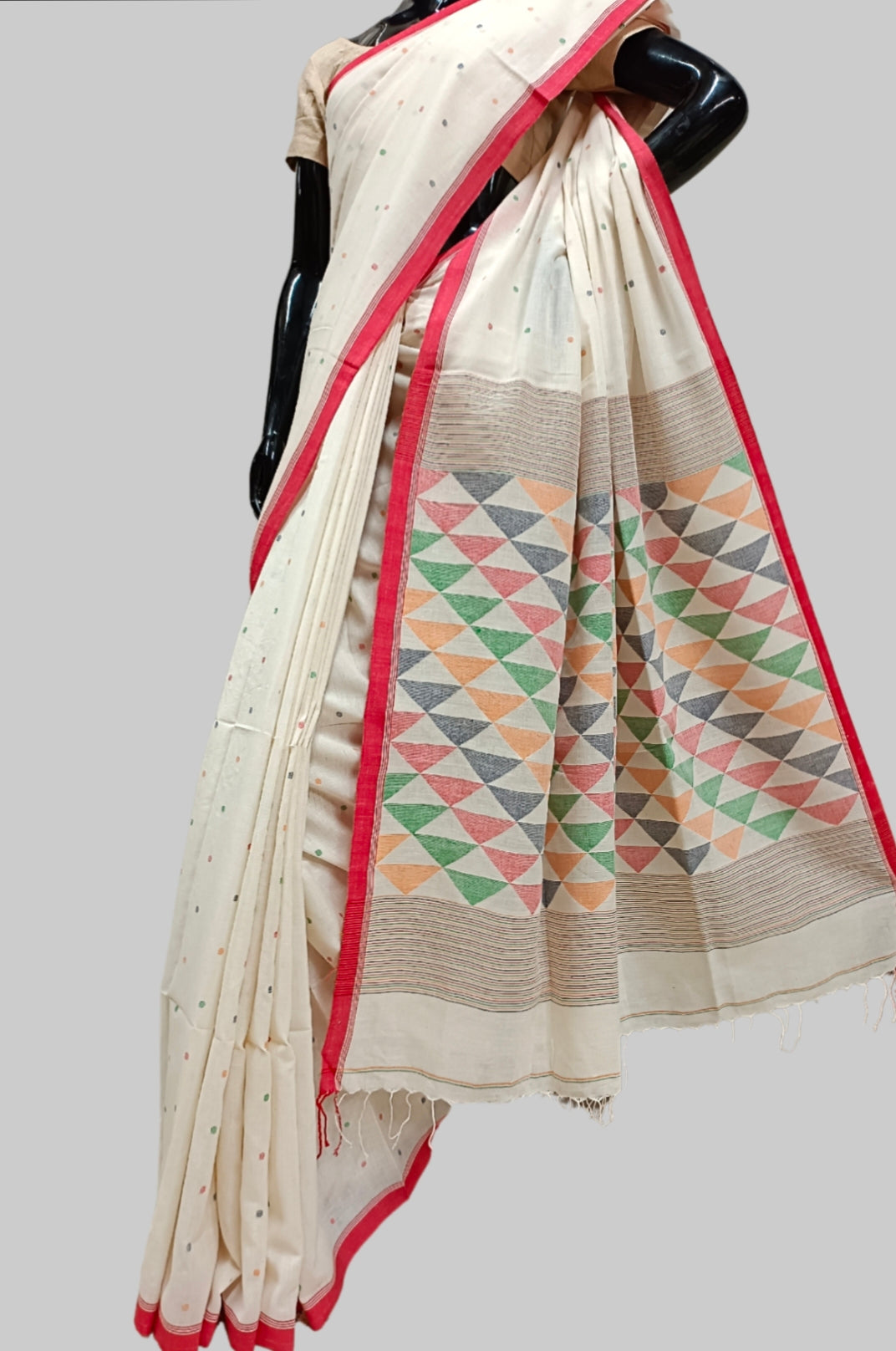 Off-White & Red Handspun handwoven Cotton Jamdani saree Balaram Saha