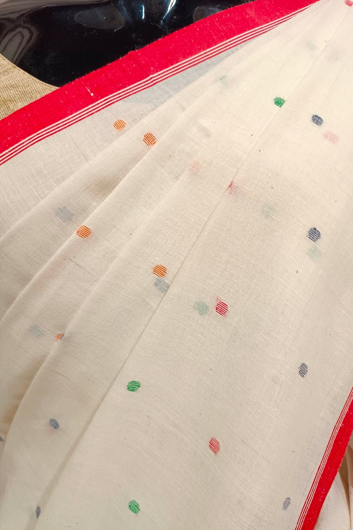 Off-White & Red Handspun handwoven Cotton Jamdani saree Balaram Saha