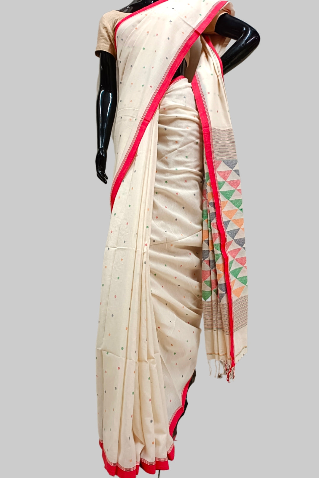 Off-White & Red Handspun handwoven Cotton Jamdani saree Balaram Saha
