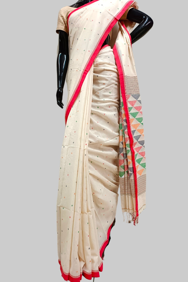 Off-White & Red Handspun handwoven Cotton Jamdani saree Balaram Saha