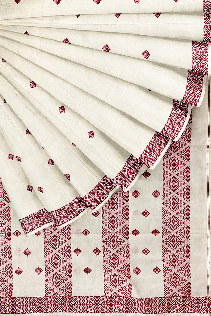Off-White Soft Handloom Cotton Saree With Red Border Balaram Saha