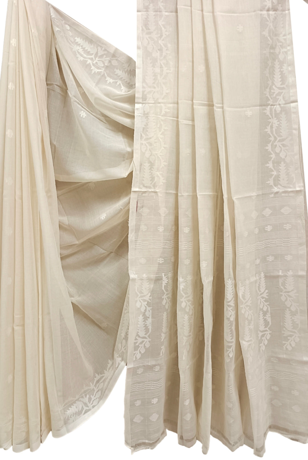 Off-white Soft Handloom  Handwoven Cotton Jamdani Saree Balaram Saha