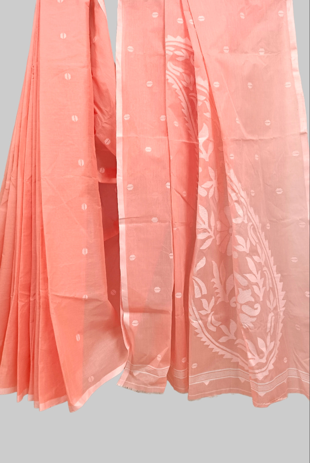 Peach & White Traditional Cotton  Handwoven Jamdani Saree Balaram Saha