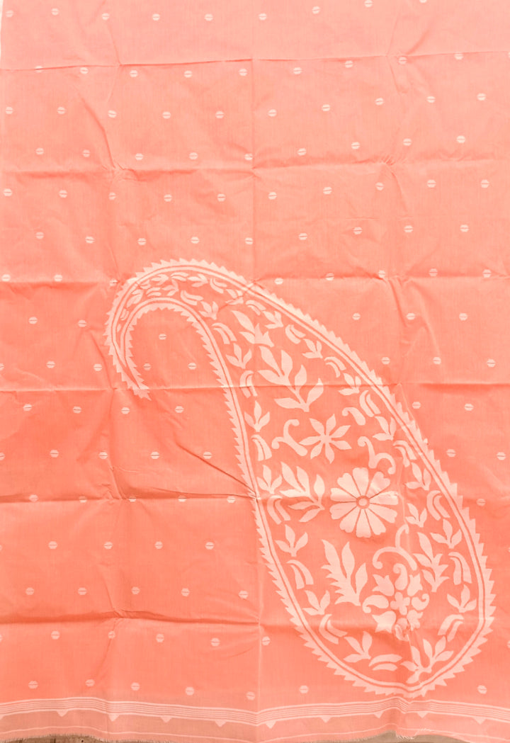 Peach & White Traditional Cotton  Handwoven Jamdani Saree Balaram Saha