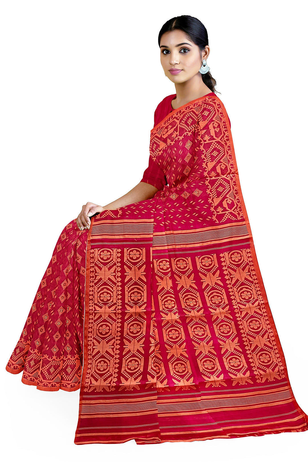 Pinkish Red and orange,  silk by cotton handloom Jacquard Jamdani Saree Balaram Saha
