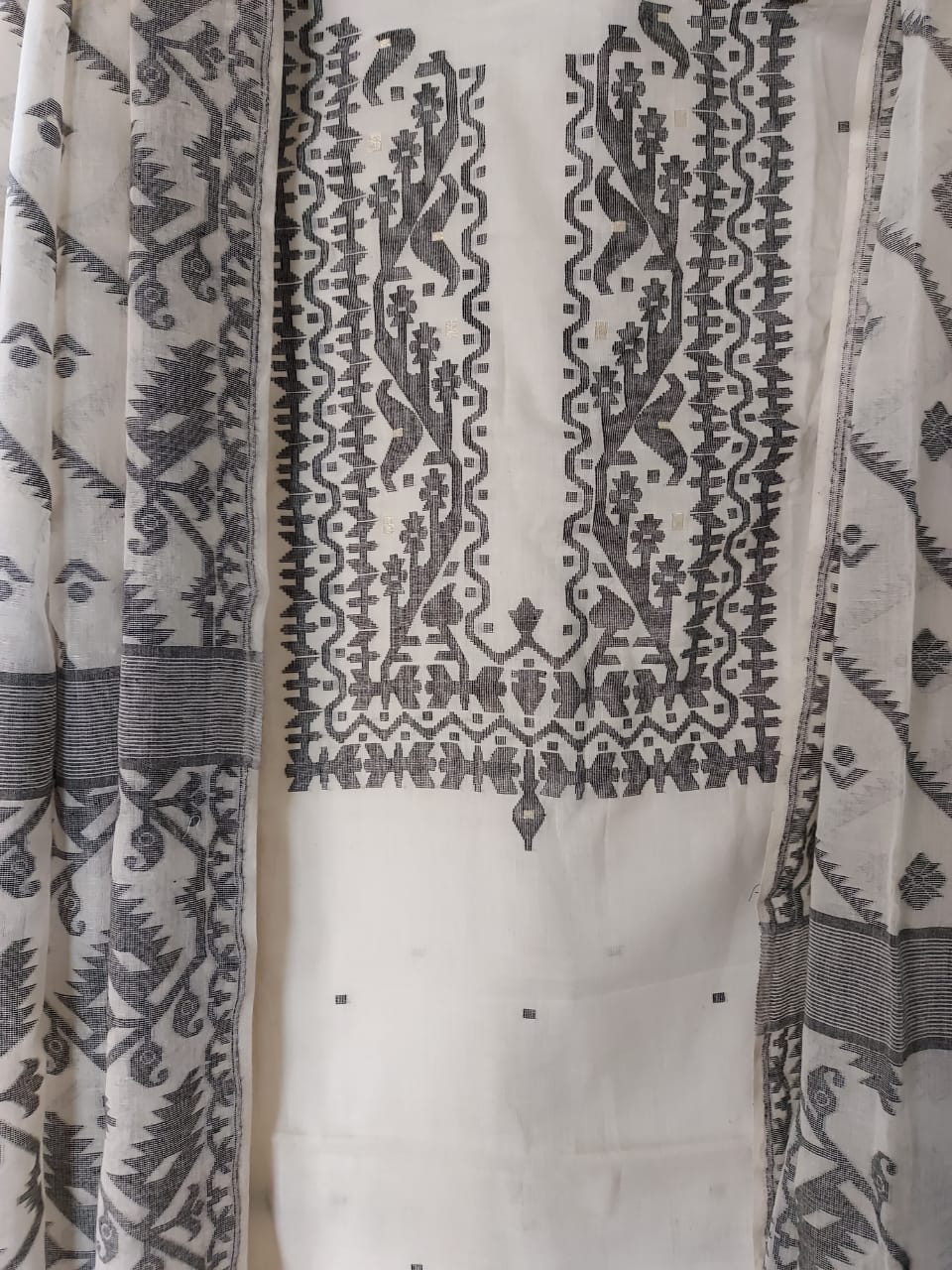 Pure Cotton Dhakai 2 Piece Set White & Black Unstitched Suit by Balaram Saha
