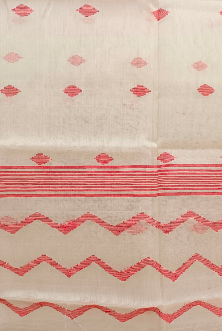 Off-White & Red Handloom Muslin Silk Jamdani Saree Balaram Saha
