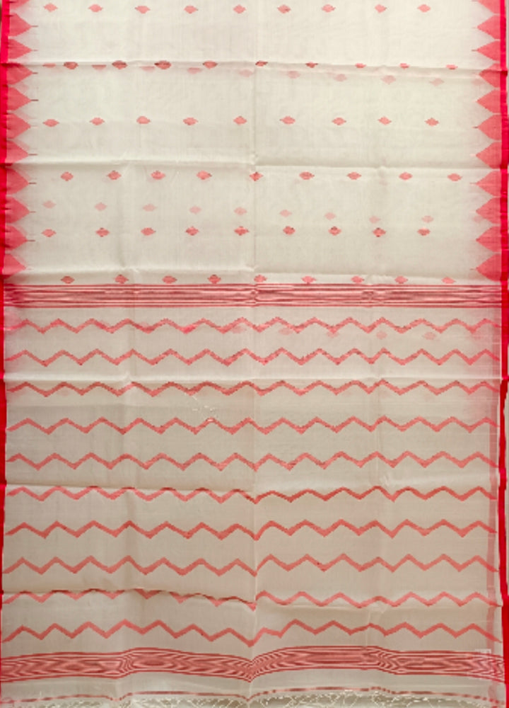 Off-White & Red Handloom Muslin Silk Jamdani Saree Balaram Saha