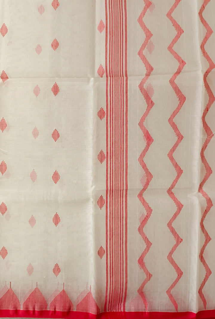Off-White & Red Handloom Muslin Silk Jamdani Saree Balaram Saha