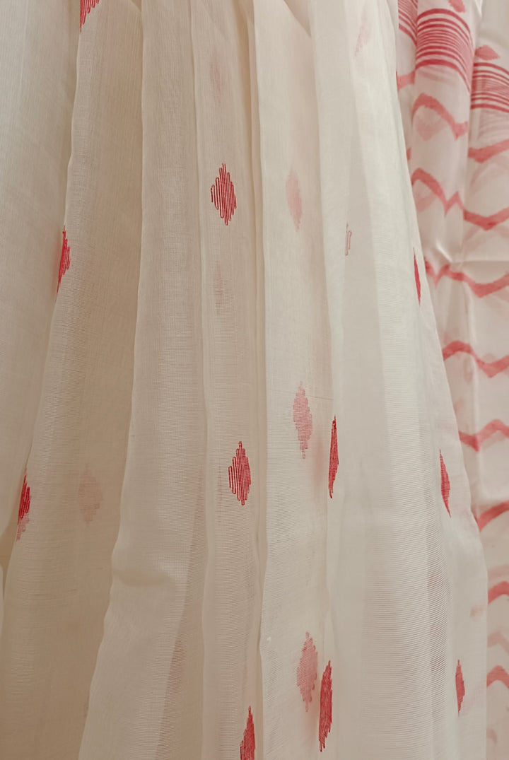Off-White & Red Handloom Muslin Silk Jamdani Saree Balaram Saha