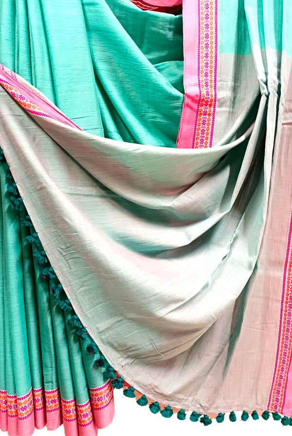 Sea-Green Soft Handloom Cotton Woven Border Saree Balaram Saha