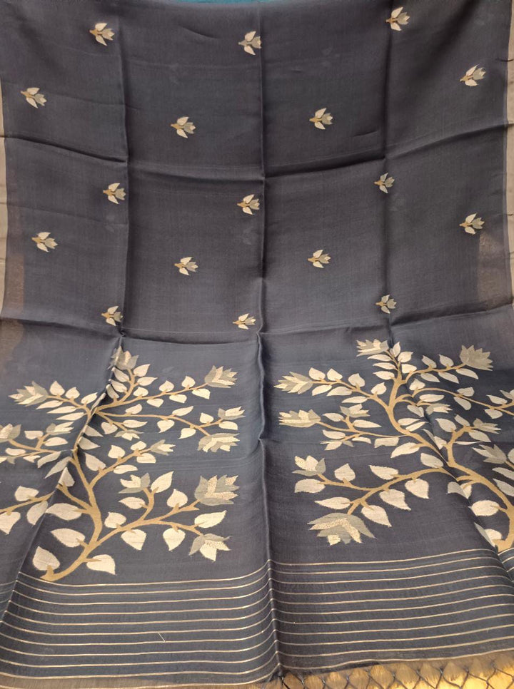 Hall'lndloom Muslin Silk Handwoven Jamdani Saree (Indigo-Blue) Balaram Saha