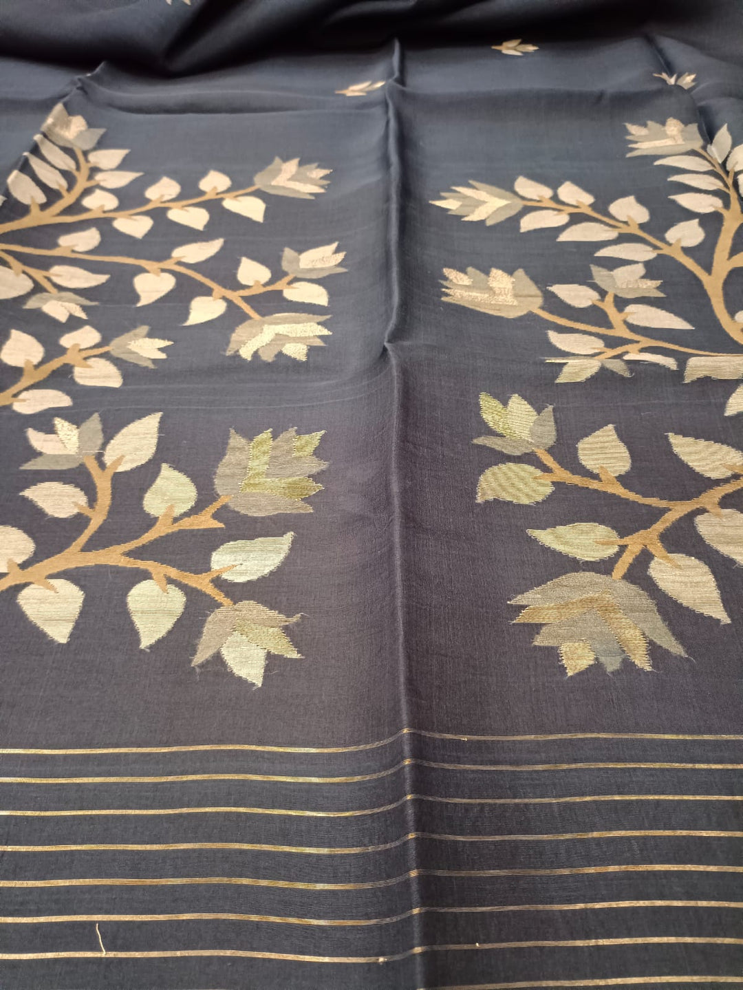 Hall'lndloom Muslin Silk Handwoven Jamdani Saree (Indigo-Blue) Balaram Saha