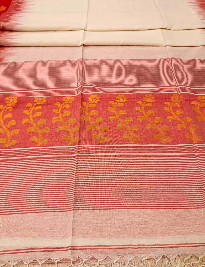 Off-White Soft Handloom Cotton Saree With Red Border Balaram Saha