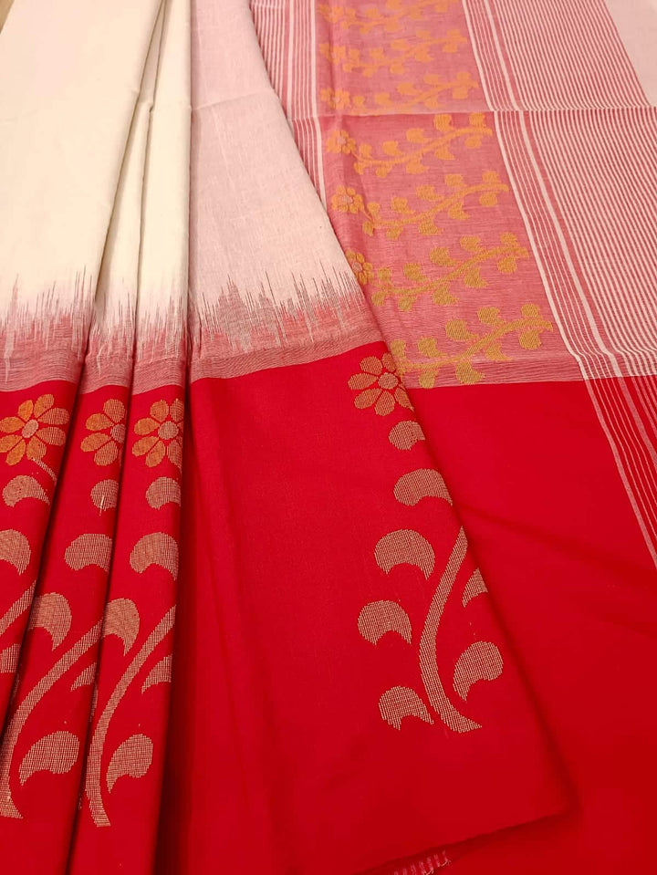Off-White Soft Handloom Cotton Saree With Red Border Balaram Saha