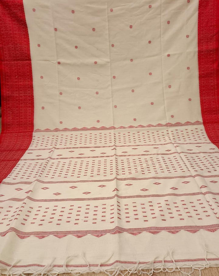 Off-White & Red Traditional Soft Handloom Cotton Saree Balaram Saha