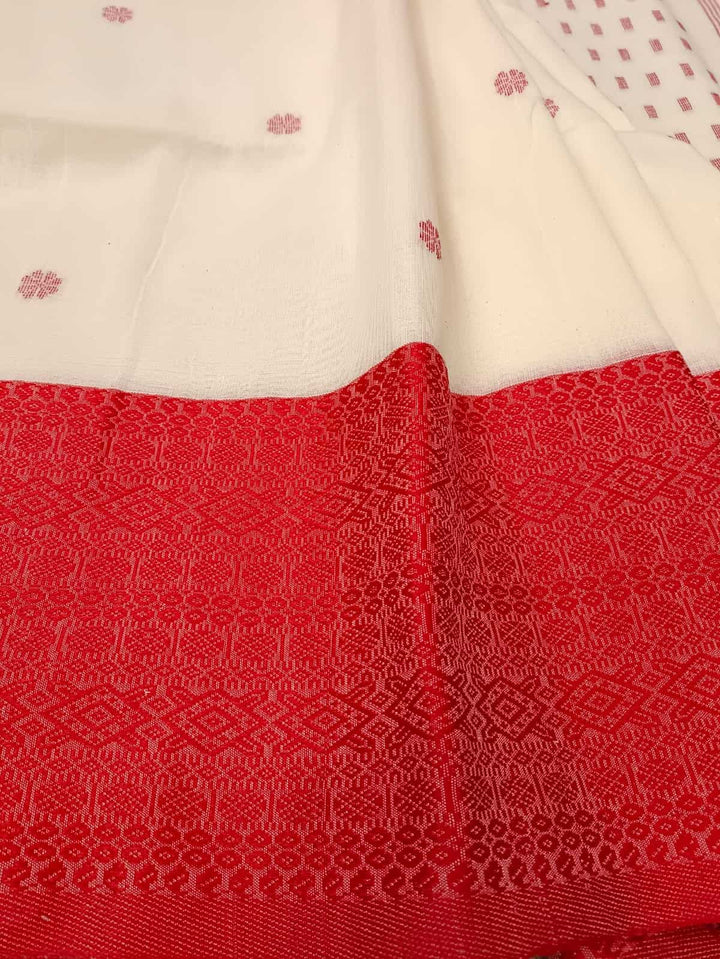Off-White & Red Traditional Soft Handloom Cotton Saree Balaram Saha
